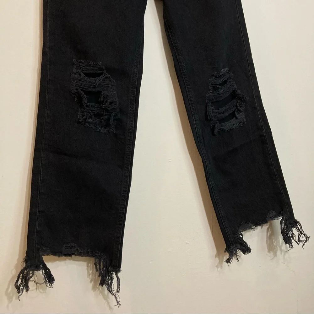 Free People Maggie Mid Rise Straight Leg Black Distressed Jeans